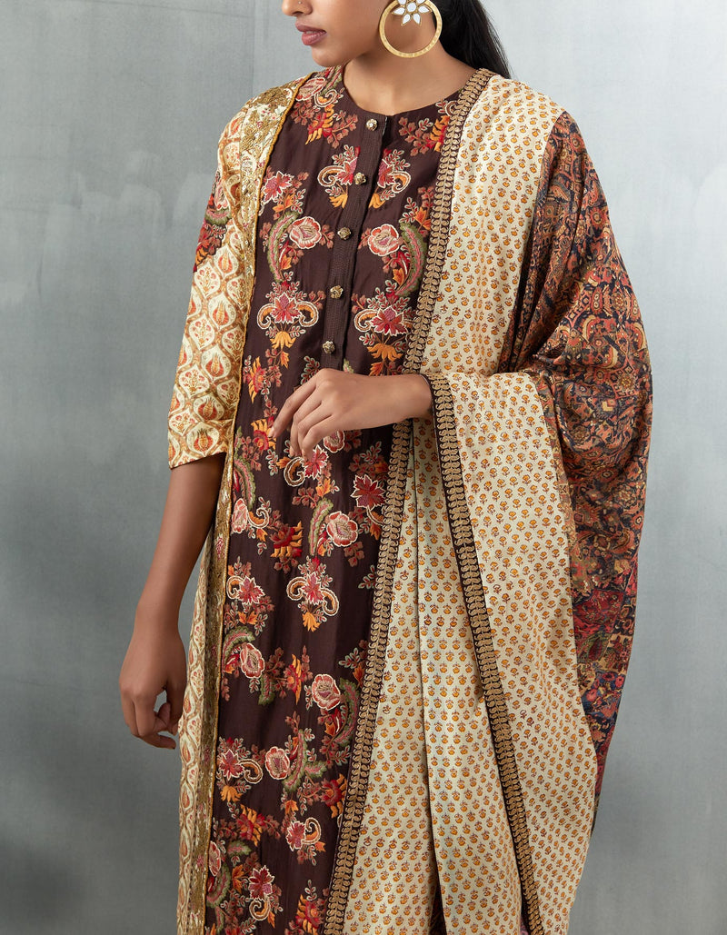 Brown Embroidered Straight Kurta with Palazzo and Dupatta