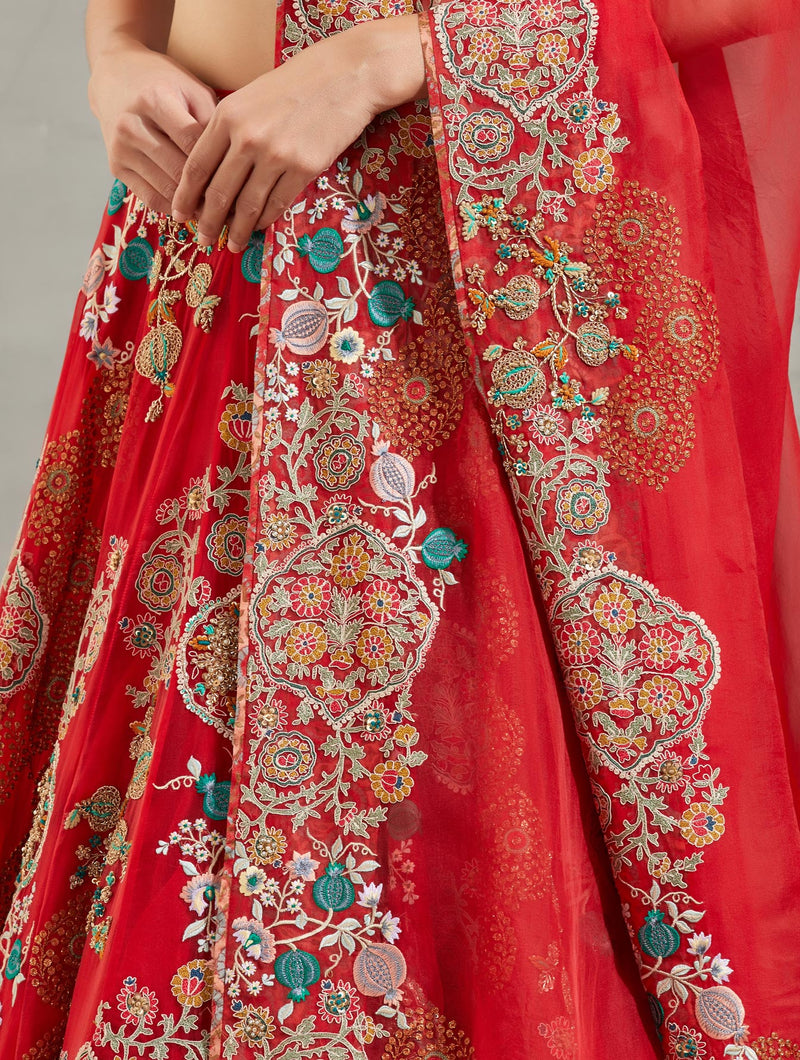 Red Organza Anar Embroidery Lehenga Set
