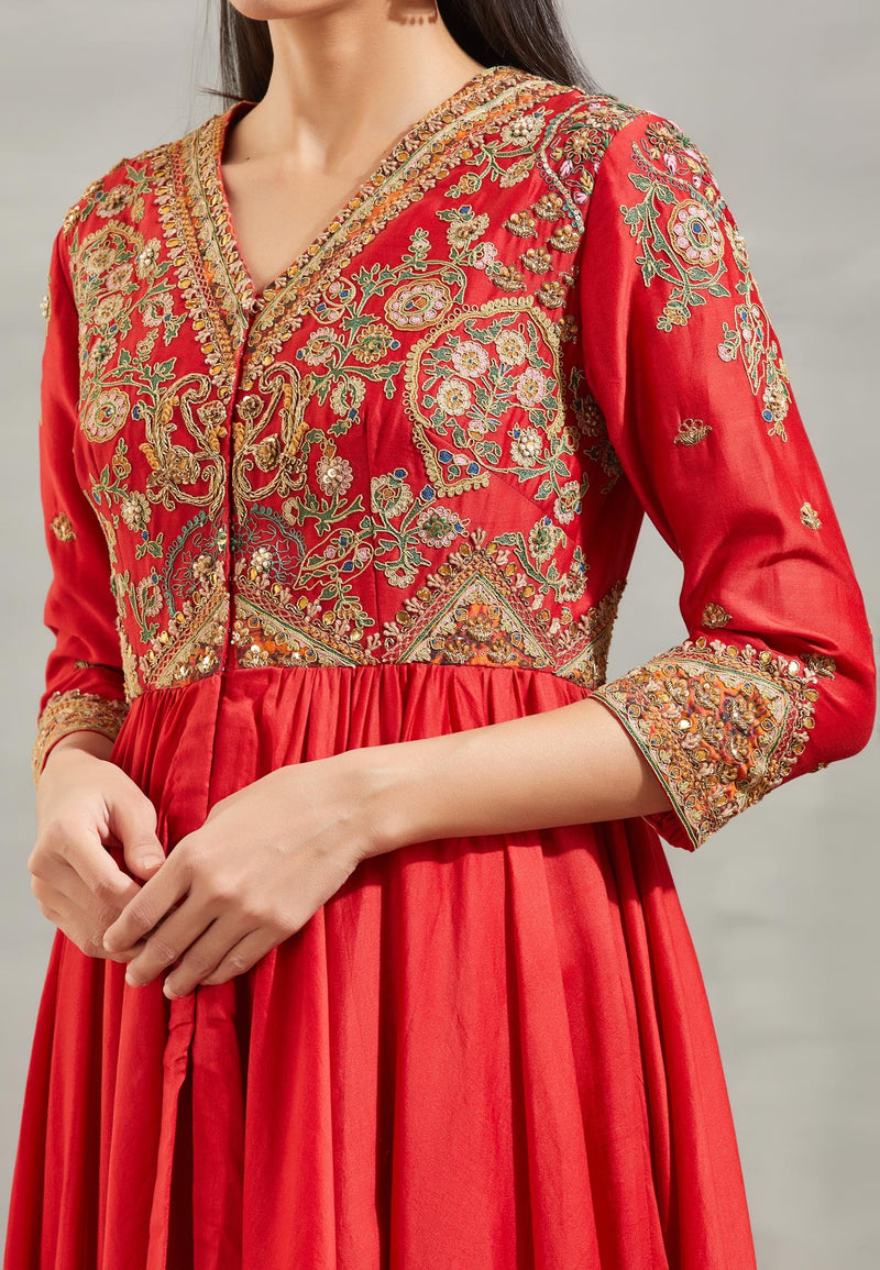 Red Mughal Embroidered Tunic Set