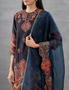 Ombre Zig Zag Kurta with Mughal Print Palazzo and Organza Dupatta in Blue