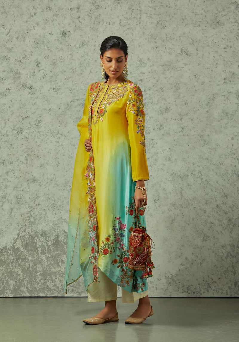 Mustard and Feroza Shaded Kurta with Palazzo Set