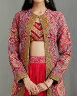 Red Organza Mughal Polash Long Jacket With Bustier And Crushed Red Farshi