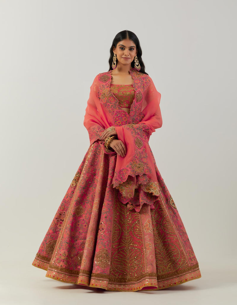 Coral Shimmer Lehenga With Blouse And Dupatta