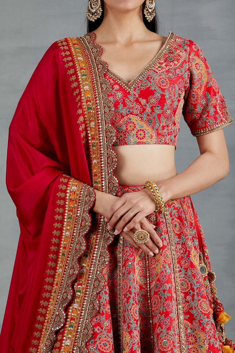 Red Lehenga In Raw Silk