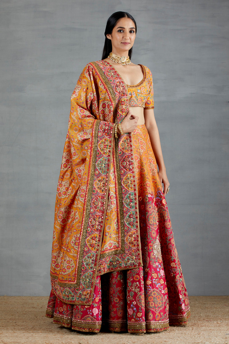 Orange Mughal Printed Lehenga In Silk Chanderi