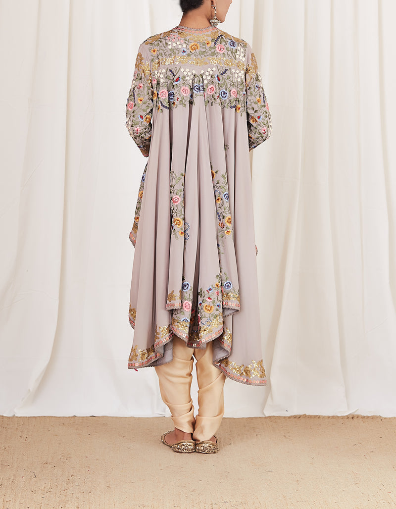 Grey Machine Embroidered Cape Set