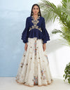 Deep Blue Tops with Ruffled Sleeves and Ivory Skirt Set