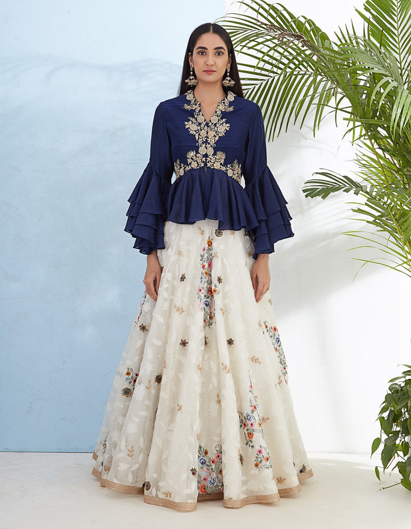 Deep Blue Tops with Ruffled Sleeves and Ivory Skirt Set