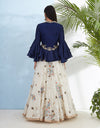 Deep Blue Tops with Ruffled Sleeves and Ivory Skirt Set