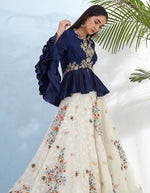Deep Blue Tops with Ruffled Sleeves and Ivory Skirt Set