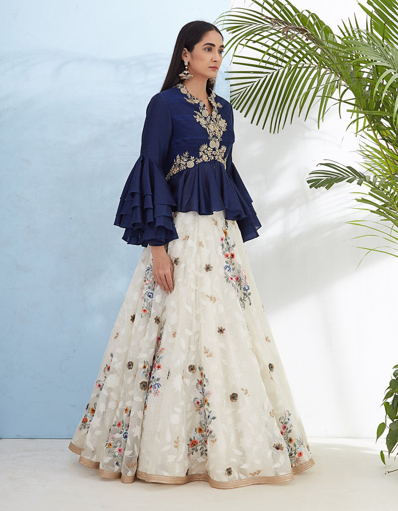 Deep Blue Tops with Ruffled Sleeves and Ivory Skirt Set