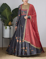 Grey Chanderi Embroidered Anarkali Set