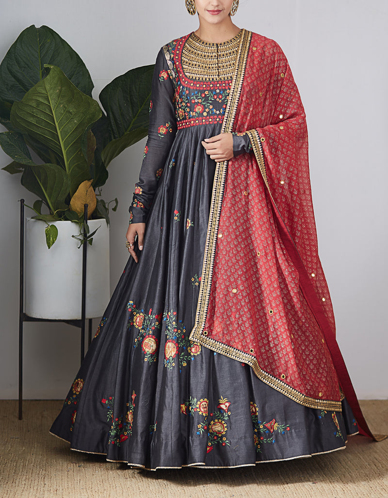Grey Chanderi Embroidered Anarkali Set