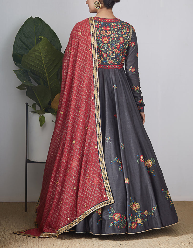 Grey Chanderi Embroidered Anarkali Set