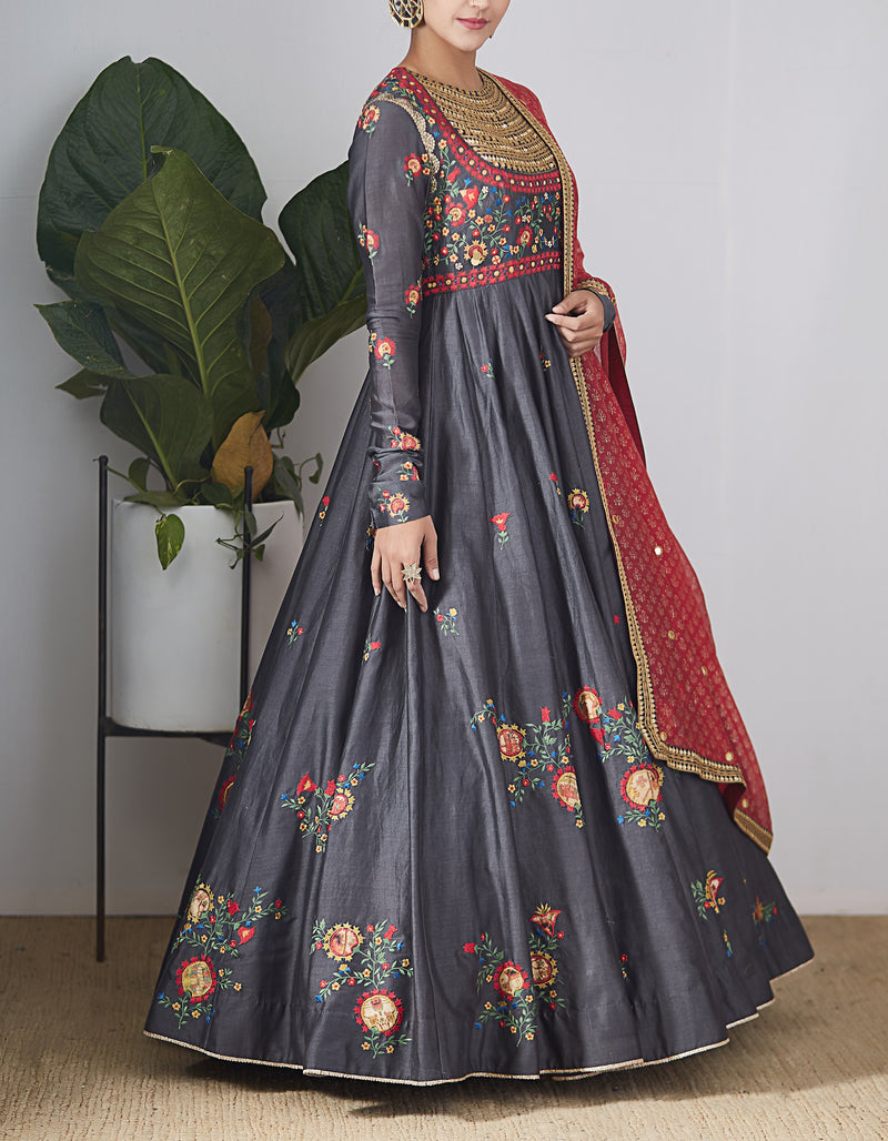 Grey Chanderi Embroidered Anarkali Set