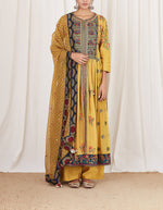 Yellow and Blue Embroidered Kalidaar Set