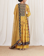 Yellow and Blue Embroidered Kalidaar Set