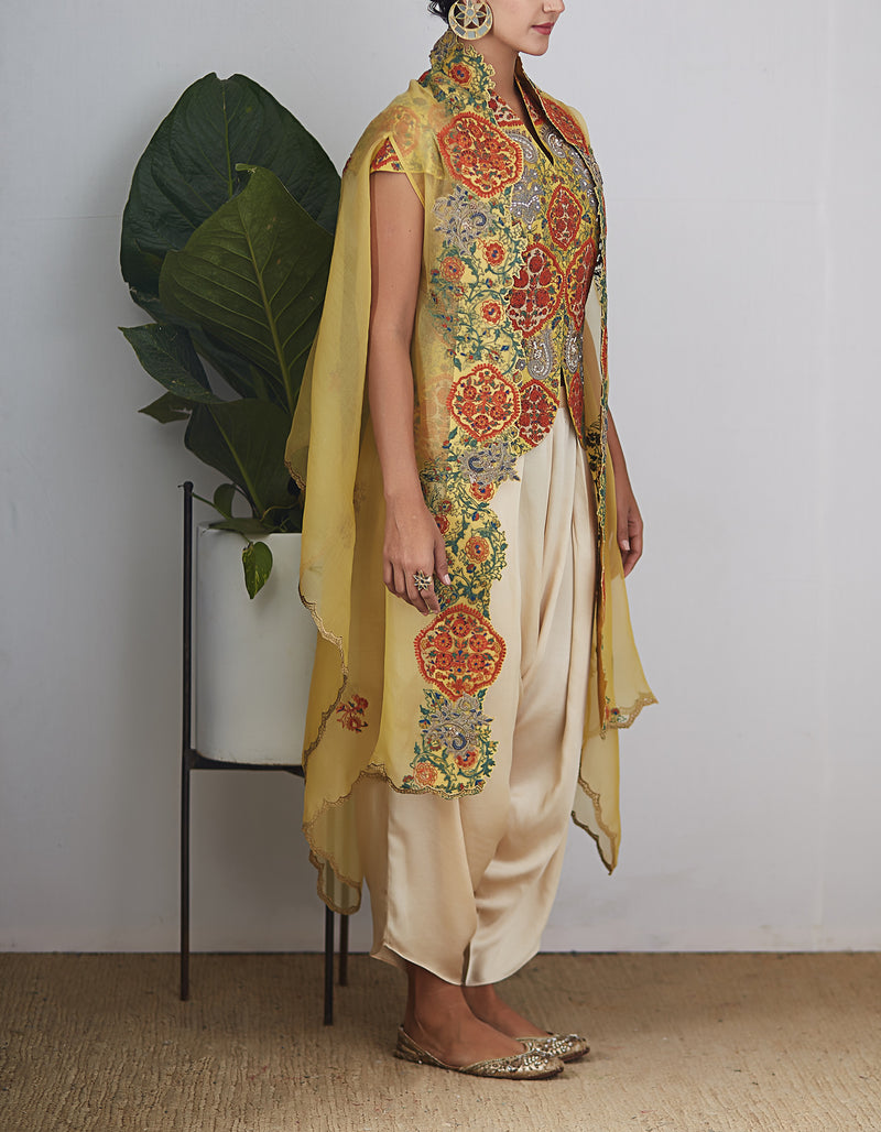 Gold Organza Embroidered Cape Jacket Set