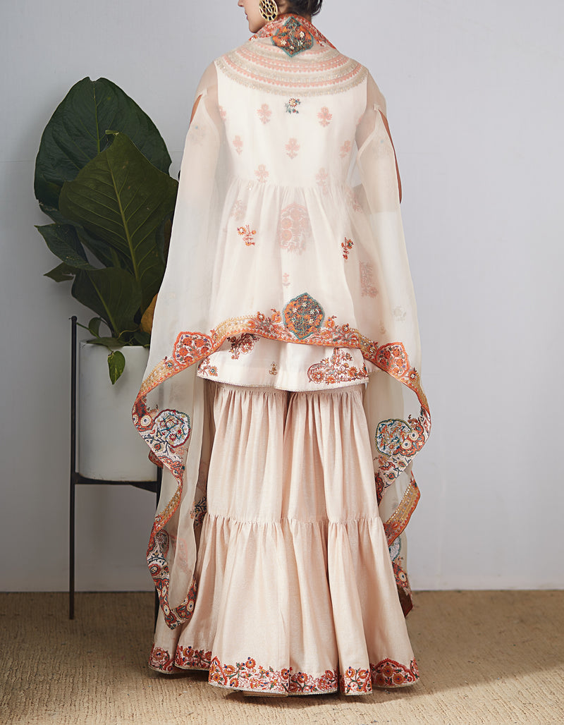 Ivory Embroidered Short Kurta with Sharara Set