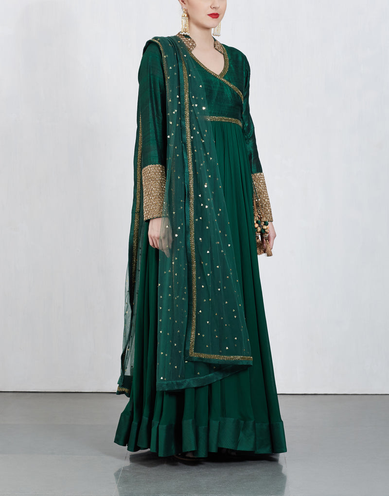 Bottle Green Angrakha Kalidar Anarkali Set
