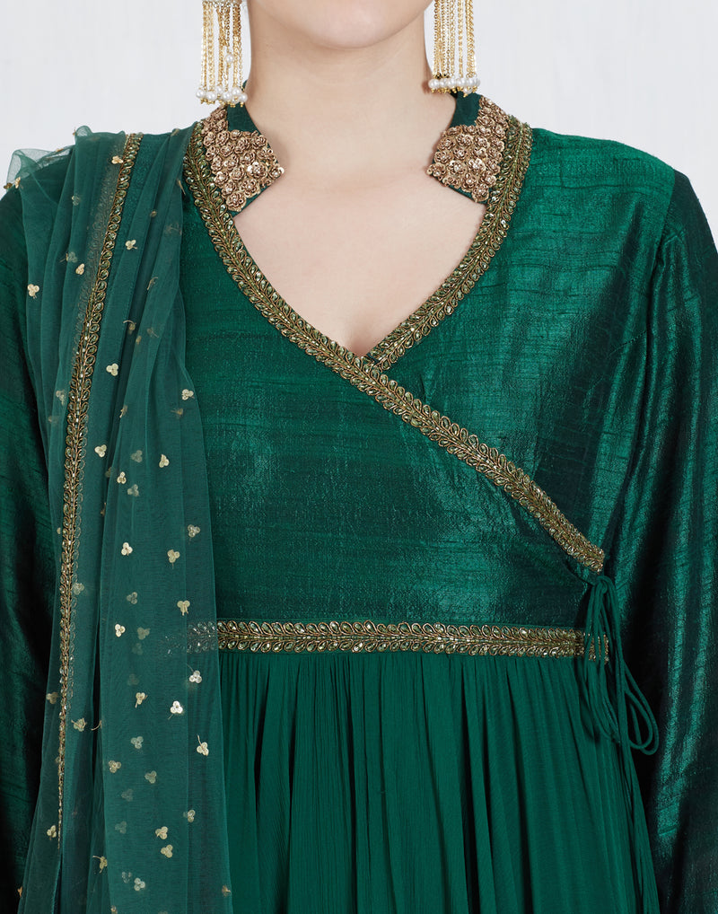 Bottle Green Angrakha Kalidar Anarkali Set
