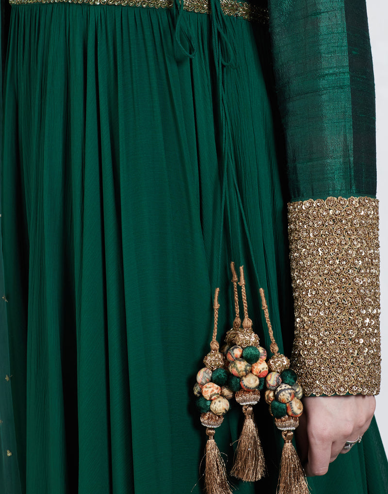 Bottle Green Angrakha Kalidar Anarkali Set
