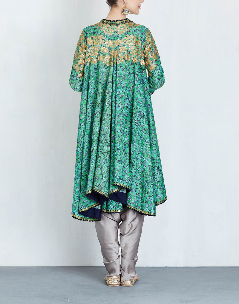 Green Printed Trail High Low Kurta with Pants
