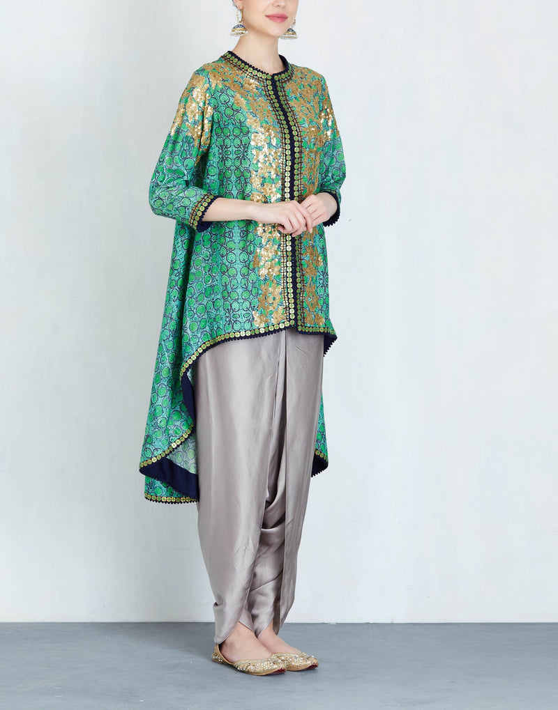 Green Printed Trail High Low Kurta with Pants