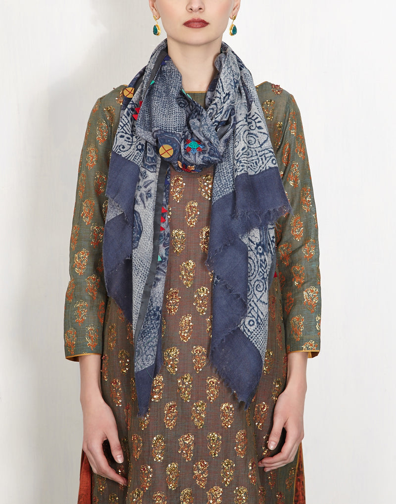 Indigo Printed Stole With Multi Color Embroidery