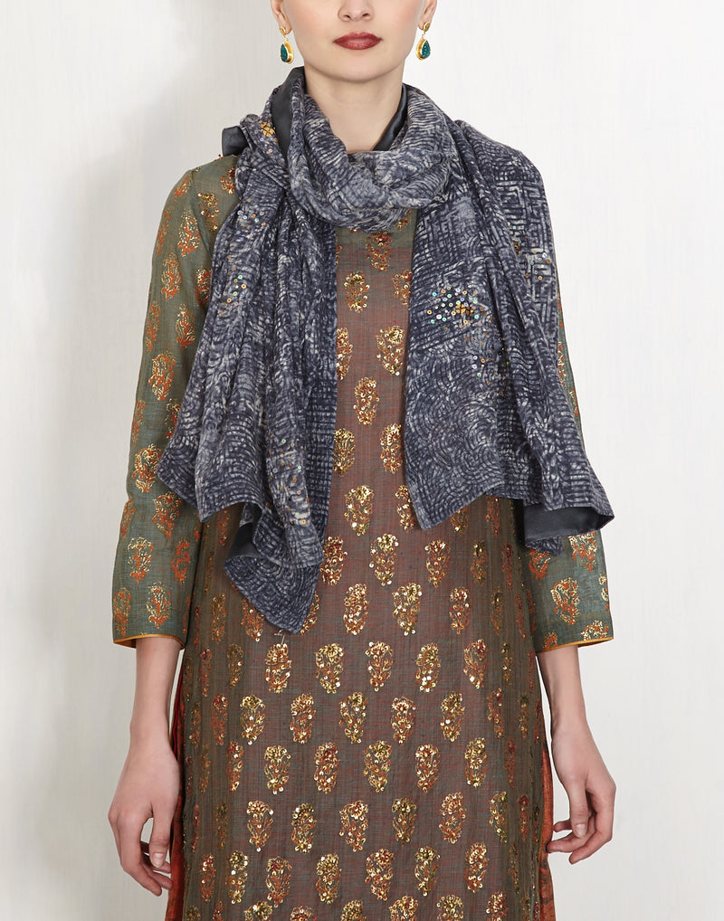 Indigo Printed Stole With Sequin Work