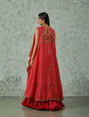 Red Rani Silk Highlow Cape With Chanderi Skirt