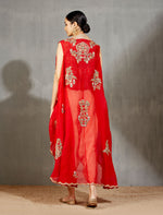 Red High-Low Jacket with a Printed Top and Pleated Salwaar