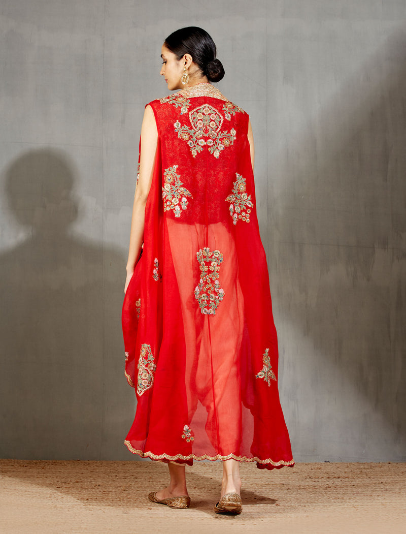 Red High-Low Jacket with a Printed Top and Pleated Salwaar