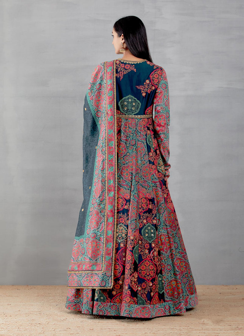 Blue Mughal Print Kalidar with a Dupatta