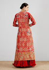 Red Mughal Print Long Jacket With Tamba And Thread Work With Crushed Sharara