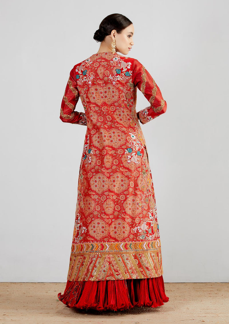 Red Mughal Print Long Jacket With Tamba And Thread Work With a Crushed Skirt