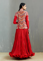 Red British Jacket With Chanderi Crinkle Skirt