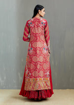 Red Mughal Print Long Jacket With Tamba And Thread Work With Crushed Skirt