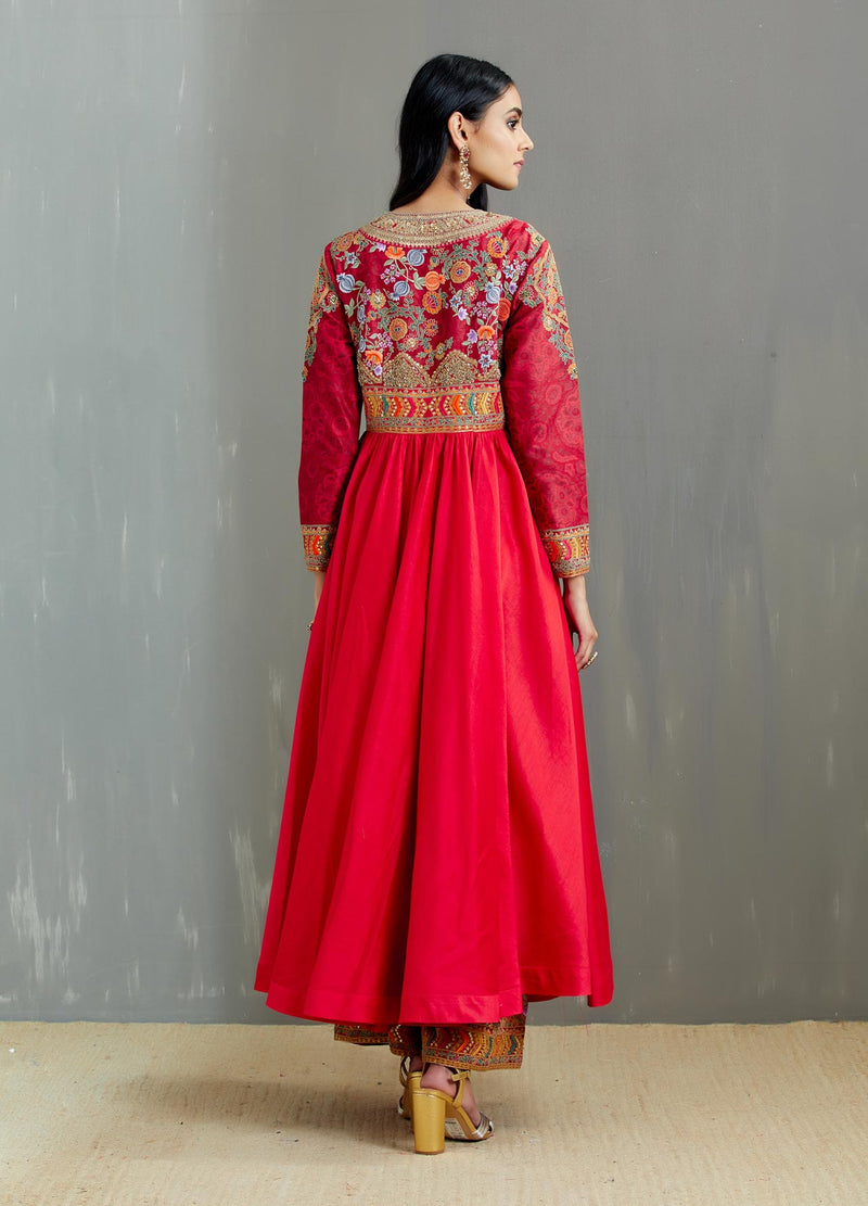 Red Gujrati Chery Tunic with Shaded Orange Mughal Print Palazzo