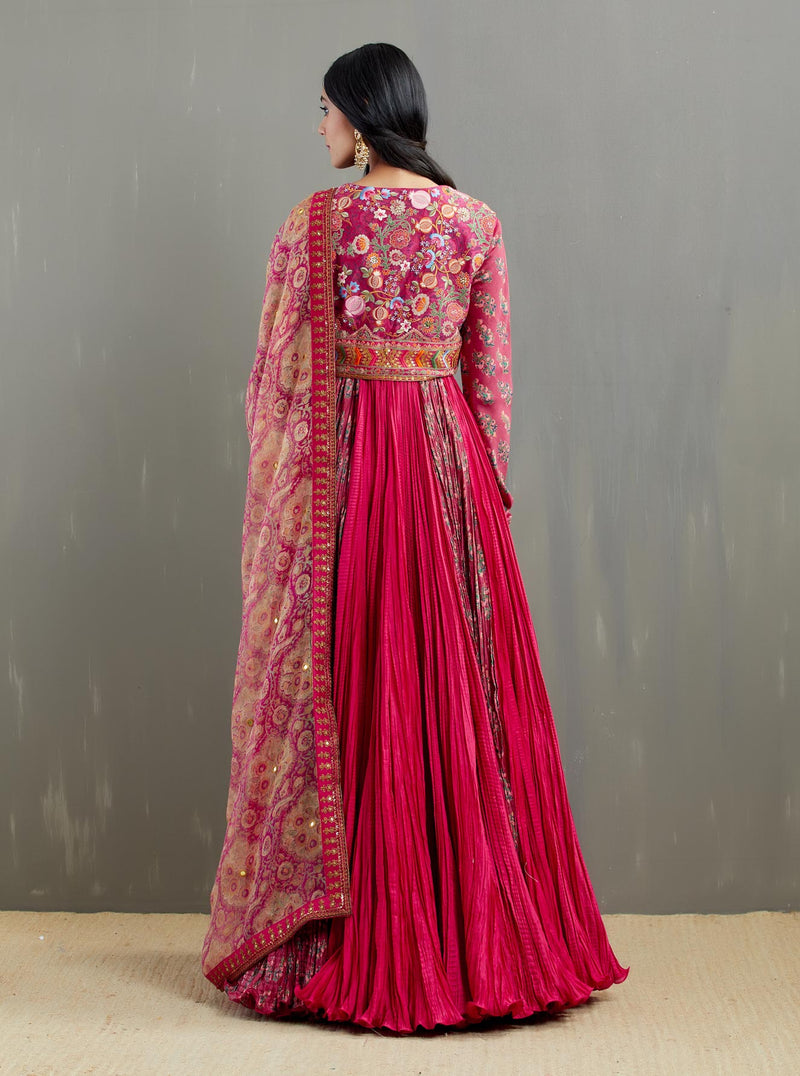 Magenta Crinkle Kalidar with Short Jacket and Chudidar and Printed Organza Dupatta