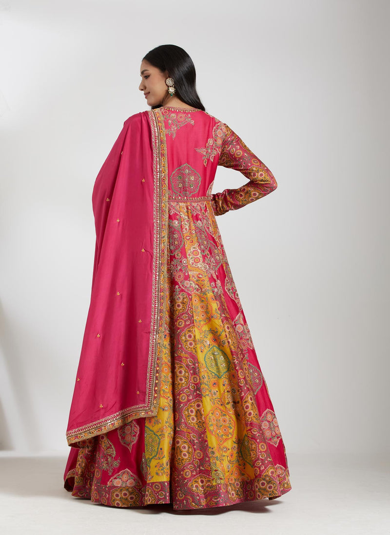 Printed Magenta Chanderi Kalidar Set