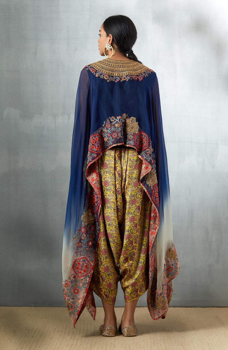 Navy Cape with Printed Dhoti Pants
