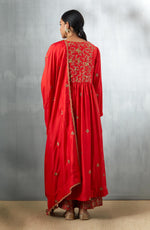 Red Long Embroidered Kurta with Dupatta and Palazzo