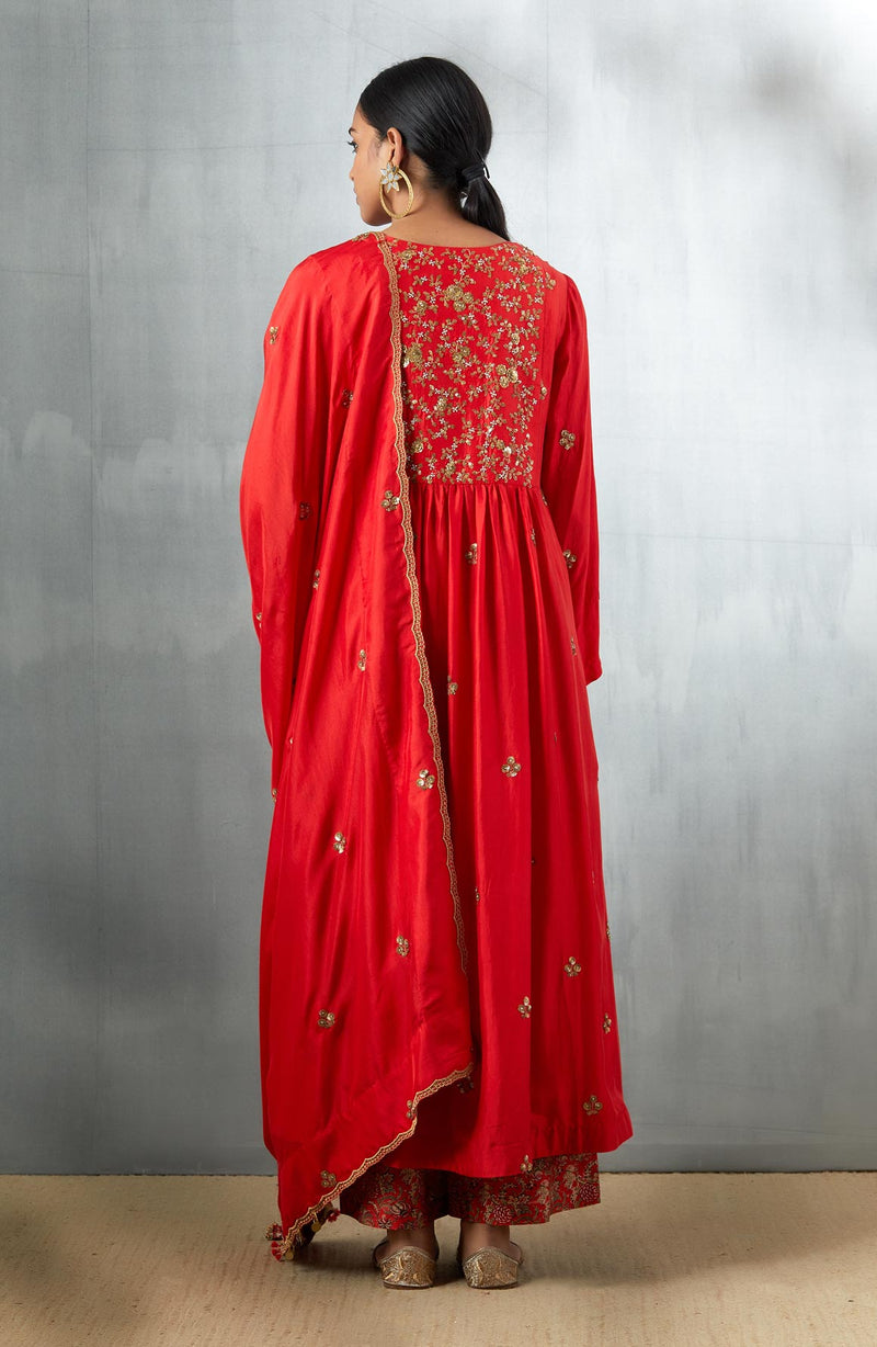 Red Long Embroidered Kurta with Dupatta and Palazzo