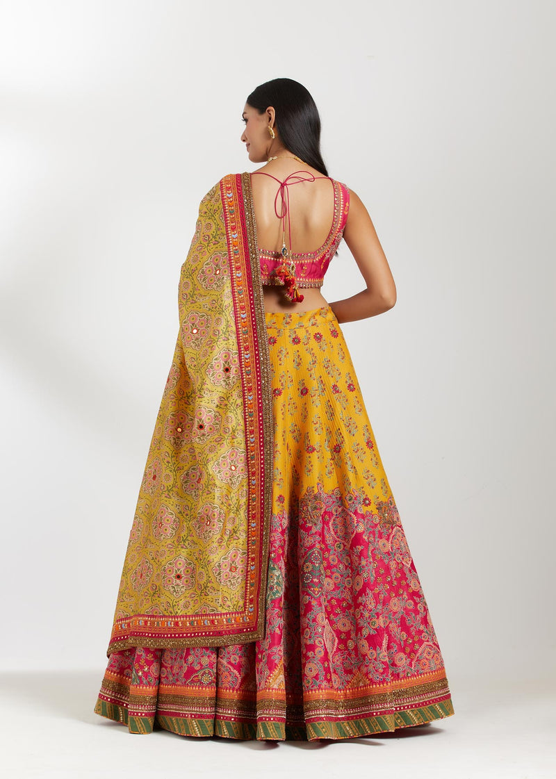 Magenta And Yellow Chanderi Lehenga Set