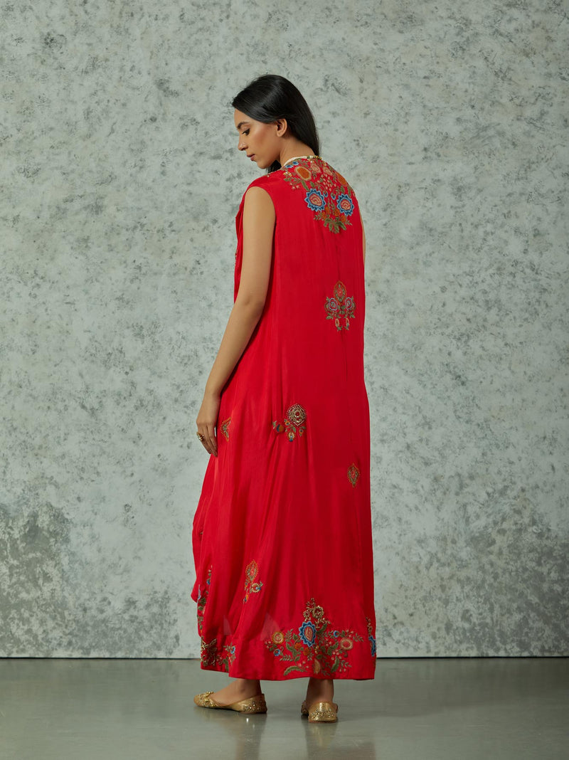 Red Silk Highlow Cape With Dhoti Set