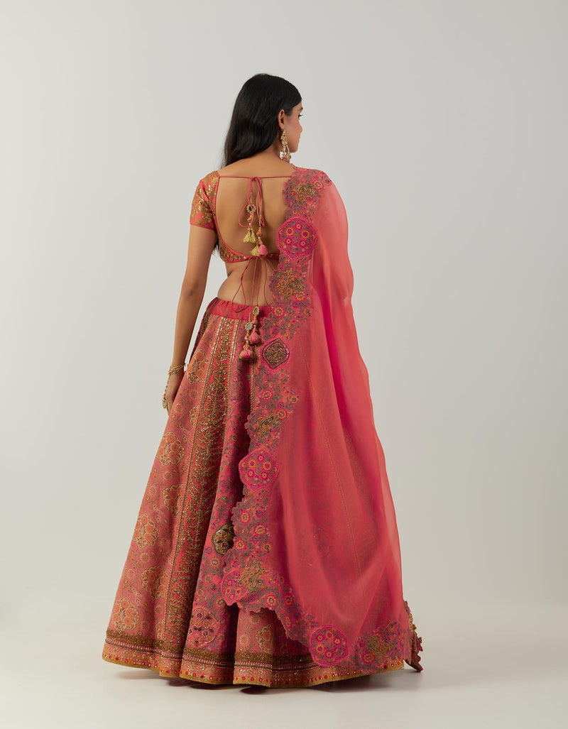 Coral Shimmer Lehenga With Blouse And Dupatta