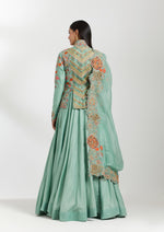 Turquoise Chanderi Jacket With Skirt Set