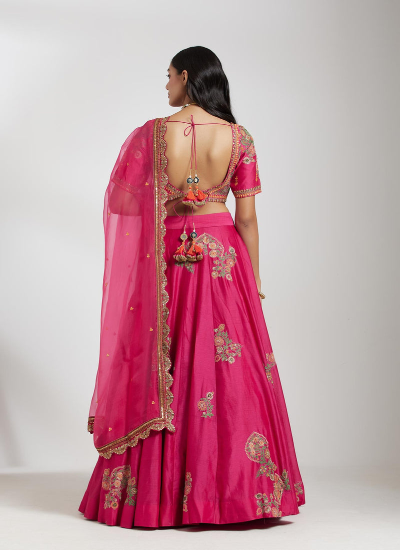 Magenta Machine and Hand Embroidered Chanderi Lehenga Set