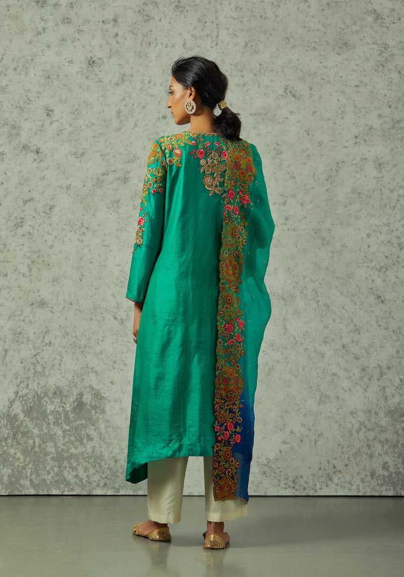 Green and blue shaded silk kurta set